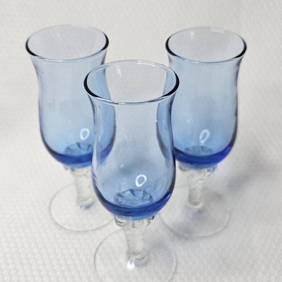 3 Vintage Blue Twisted Stem Shot Aperitif Cordial Glasses 4.5" barware stemware - Picture 3 of 10